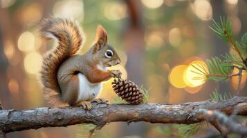 ai generato un' scoiattolo si siede su un' ramo nel il foresta e detiene un' pino cono nel suo zampe foto