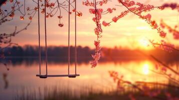 ai generato un' bianca corda swing si blocca su un' fioritura rosa sakura ramo foto