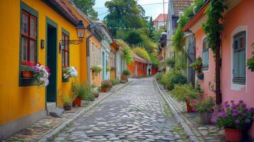 ai generato un' avvolgimento ciottolo strada nel un' europeo villaggio, foderato con colorato case e fioritura fiore scatole foto