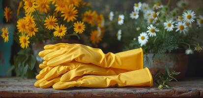 ai generato giallo gomma da cancellare guanti impilati su superiore di in vaso fiori foto