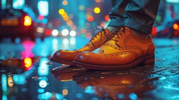 ai generato il riflessione di città luci nel lucidato pelle scarpe, un' moderno urbano torcere su classico eleganza foto