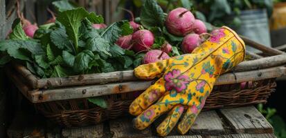 ai generato giardinaggio guanti con impianti su un' di legno tavolo, nel il stile di giallo e rosa foto