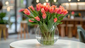 ai generato bellissimo rosa tulipani In piedi nel un' chiaro bicchiere vaso su un' bianca il giro tavolo nel il mezzo di un' luminosa moderno vivente camera foto