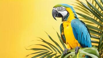 ai generato bellissimo blu grande pappagallo su un' tropicale sfondo. foto