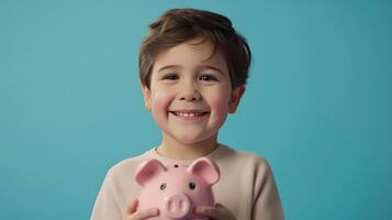 ai generato contento ragazzo Tenere un' rosa maiale porcellino banca nel il suo mani. foto