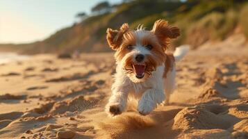 ai generato affettuoso cani con gioia in esecuzione su sabbioso spiagge, loro code scodinzolante nel puro felicità.grande copyspace la zona foto