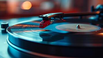 ai generato un' Vintage ▾ vinile disco Filatura su un' giradischi, evocando nostalgia e il gioia di ascoltando foto