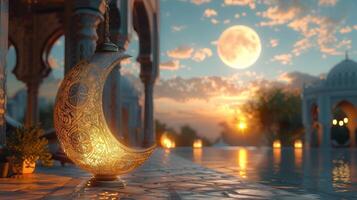 ai generato 3d illustrazione di un islamico decorazione sfondo con lanterna e mezzaluna Luna, Ramadan kareem, mawlid, iftar, eid al Fitr adha, Muharram, copia spazio e testo la zona. foto