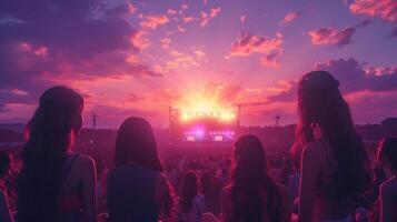 ai generato Guardando un' concerto nel Aperto aria a un' parco con femmina gli amici. foto