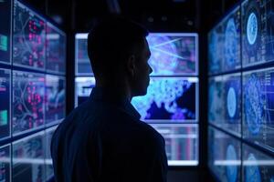 ai generato silhouette di un' uomo analizzando complesso dati attraverso multiplo High Tech computer monitor nel un' buio controllo camera. foto