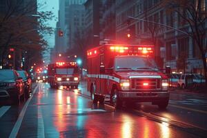 ai generato ambulanze con lampeggiante luci corsa attraverso bagnato urbano strade durante un' piovoso sera emergenza risposta. foto