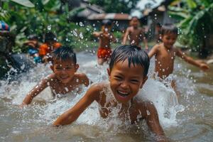 ai generato gruppo di giovane bambini ridendo e spruzzi nel un' fiume, con tropicale verdura nel il sfondo. foto