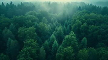 ai generato aereo Visualizza di un' denso verde foresta avvolto nel mistico nebbia, con il Treetops la creazione di un' tranquillo e etereo paesaggio. foto