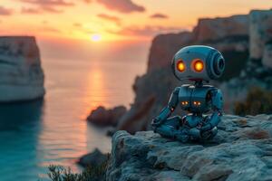 ai generato meditazione concetto, un' solitario robot si siede su un' scogliera bordo, guardando a un' sbalorditivo tramonto al di sopra di il oceano, un' momento di pace fra tecnologia e natura. foto