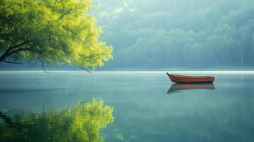 ai generato un' singolo di legno barca galleggia su un' sereno lago circondato di un' denso verde foresta nel un' tranquillo mattina ambientazione. foto