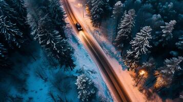 ai generato un' auto viaggi su un' innevato strada affiancato di pino alberi, sotto il mistico splendore di luci stradali durante un' inverno notte. foto