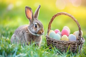 ai generato poco coniglietto vicino il cestino con decorato uova - Pasqua carta foto