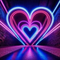 ai generato un' tunnel con un' a forma di cuore neon leggero a il fine, circondato di un' circolare neon telaio. ai generativo foto