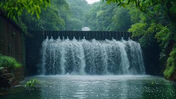 ai generato a cascata cascate generando energia idroelettrica, circondato di lussureggiante verdura foto