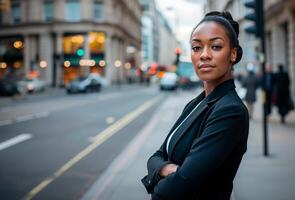 ai generato fiducioso africano americano donna d'affari in piedi su un' occupato città strada durante il giorno. foto