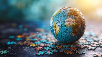 ai generato un astratto puzzle modello formatura un' globo, che rappresentano globale formazione scolastica iniziative foto