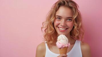 ai generato un' spensierato ragazza con un ghiaccio crema cono, sua contento sorriso aggiungendo fascino per il telaio foto