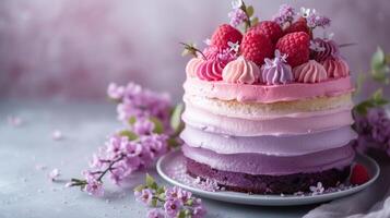 ai generato un' affascinante ombre torta con strati di rosa e viola, meravigliosamente visualizzato contro un' pulito sfondo foto