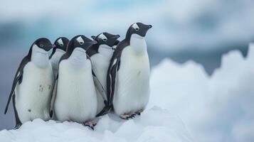 ai generato un' gruppo di pinguini rannicchiato insieme su un' incontaminato antartico ghiaccio foglio foto