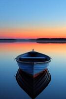 ai generato un' solitario barca alla deriva su un' sereno, vetroso lago a il rompere di alba foto
