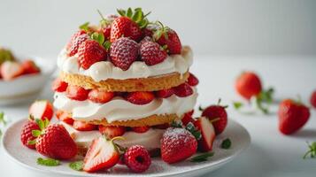 ai generato un' acquolina in bocca fragola shortcake ornato con fresco frutti di bosco, impostato contro un' pulito foto