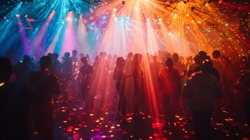 ai generato raggiante discoteca luci illuminante un' affollato danza pavimento con sagome di ballerini foto