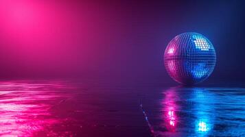 ai generato raggiante neon segni riflettendo via un' discoteca sfera, evocando ricordi di 'anni 80 danza piani foto