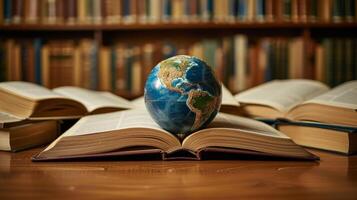 ai generato un astratto globo circondato di Aperto libri simboleggia globale formazione scolastica foto