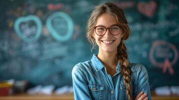 ai generato un quello dell'educatore genuino Sorridi vetrine passione per insegnamento e ispirando giovane menti foto