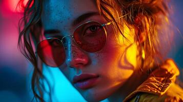 ai generato elegante donna con riflessivo occhiali da sole cattura il essenza di neon città vita a notte. foto