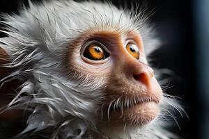 ai generato avvicinamento di un' dal pelo bianco scimmia con un' penetrante arancia sguardo, impostato contro un' buio sfondo. foto