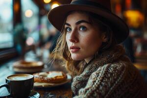 ai generato elegante giovane donna indossare un' cappello e accogliente maglione gode un' caffè e Pasticcino a un' bar finestra posto a sedere foto