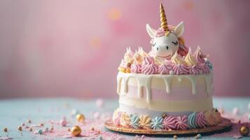 ai generato un' capriccioso a tema unicorno torta con pastello colori e d'oro Accenti contro un' semplice fondale foto