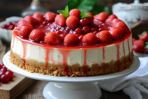 ai generato un' classico nuovo York torta di formaggio sormontato con ricco, vellutato fragola composta e un' burroso Graham cracker Crosta foto