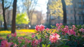 ai generato un' fioritura primavera nel un urbano parco con sfocato lineamenti di fioritura alberi e rododendri foto