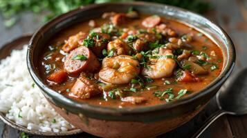 ai generato un' ricco e sostanzioso Gumbo, un' meridionale specialità, traboccante con frutti di mare, salsiccia, e ocra, servito al di sopra di riso foto