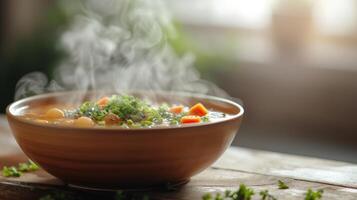 ai generato vapore crescente a partire dal un' caldo ciotola di la minestra, invocando comfort e calore foto