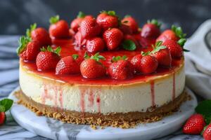 ai generato un' classico nuovo York torta di formaggio sormontato con ricco, vellutato fragola composta e un' burroso Graham cracker Crosta foto