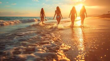 ai generato un' gruppo di amici godendo un' soleggiato giorno a il spiaggia, annunciando il calore e freschezza di primavera. foto