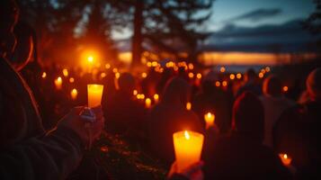 ai generato un' gruppo di persone frequentando un' Alba Pasqua servizio, Tenere candele nel il presto mattina luce. foto