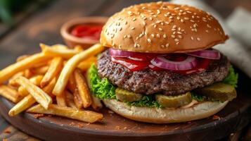 ai generato un' succoso Hamburger con croccante patatine fritte, un americano classico, servito con ketchup e sottaceti. foto