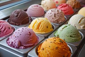 ai generato un' pittoresco piatto di assortito colorato gelato scoop, ogni con suo unico gusto e irresistibile cremosità foto