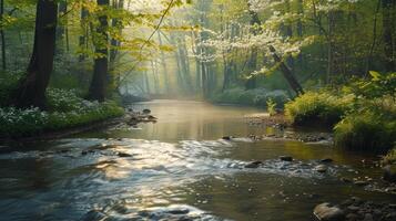 ai generato un' tranquillo fiume avvolgimento attraverso un' fioritura foresta, con screziata luce del sole filtraggio attraverso nuovo le foglie. foto