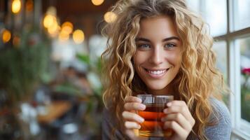 ai generato un' giovane donna con biondo Riccio capelli birre tè nel un' bicchiere barattolo, grande copyspace la zona, fuori Centro composizione. foto