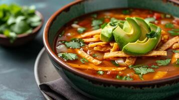 ai generato un' ciotola di speziato tortilla la minestra, sormontato con croccante tortilla strisce e fresco avocado. foto